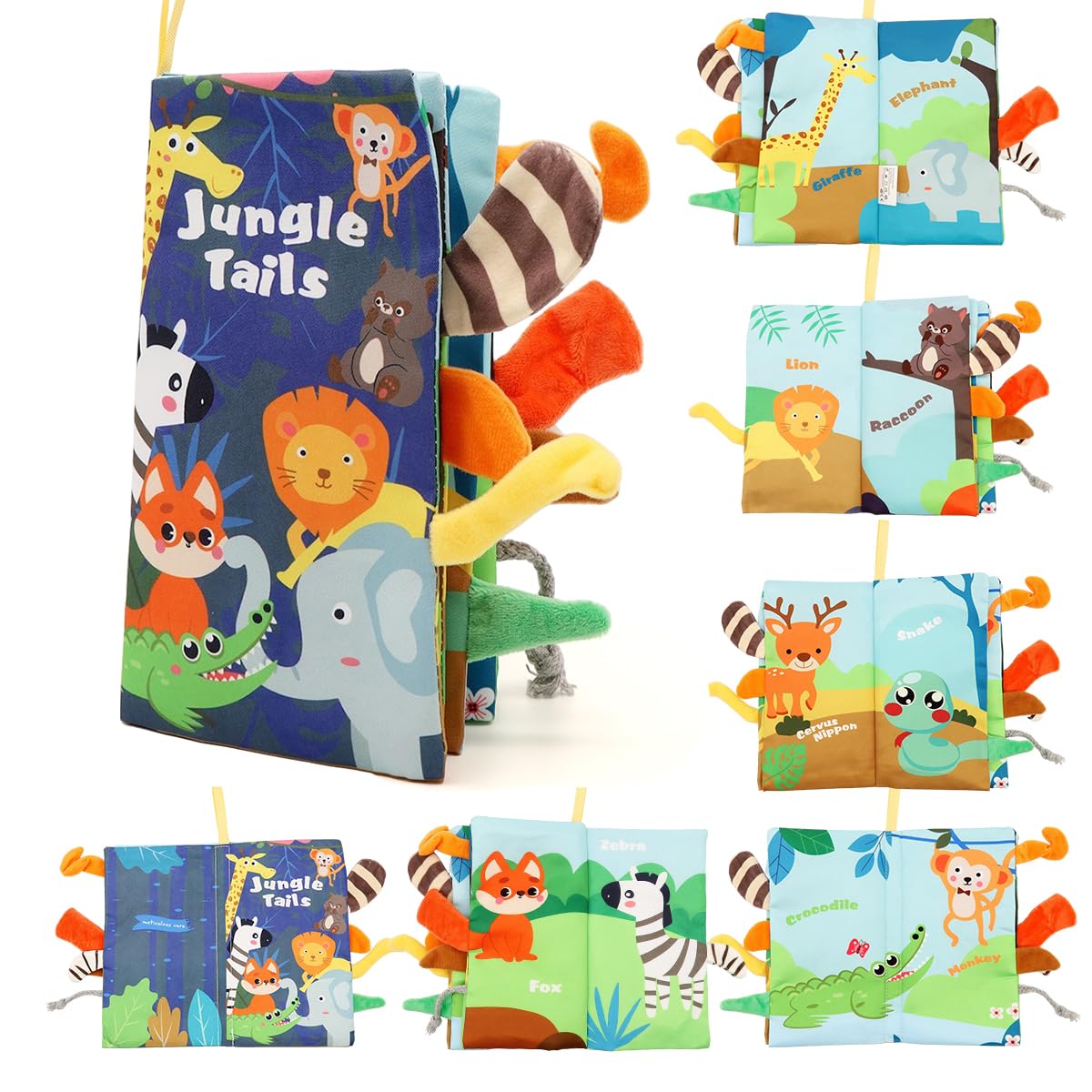 Jungle animal baby cloth book with crinkle pages and 3D tails