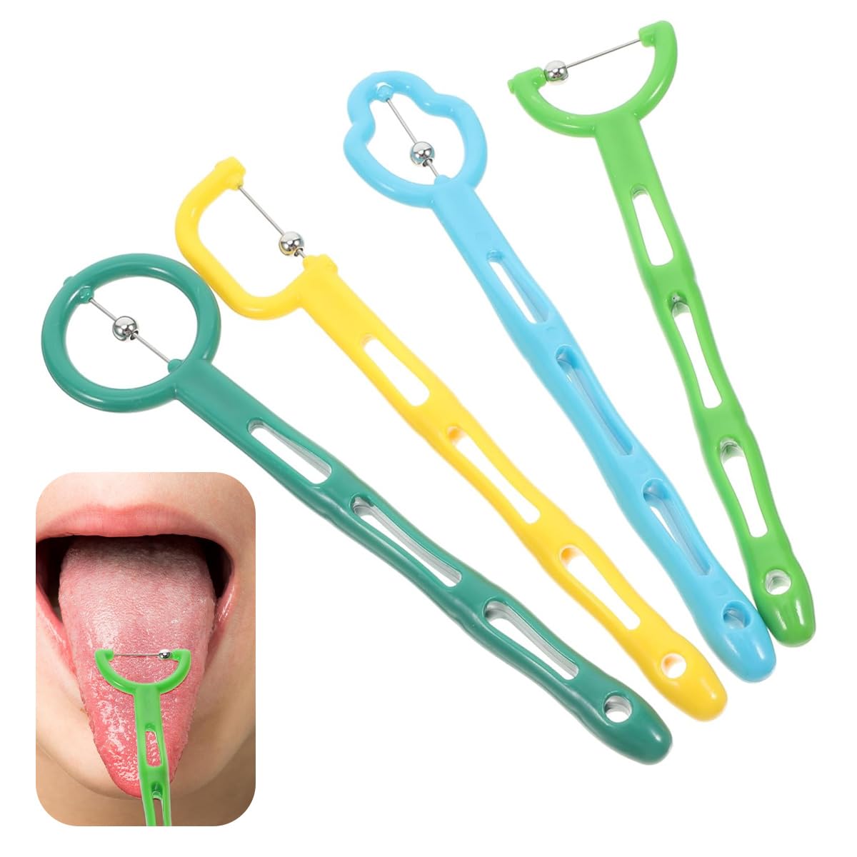 Four colorful pronunciation trainer tongue exercise tools with mobile beads