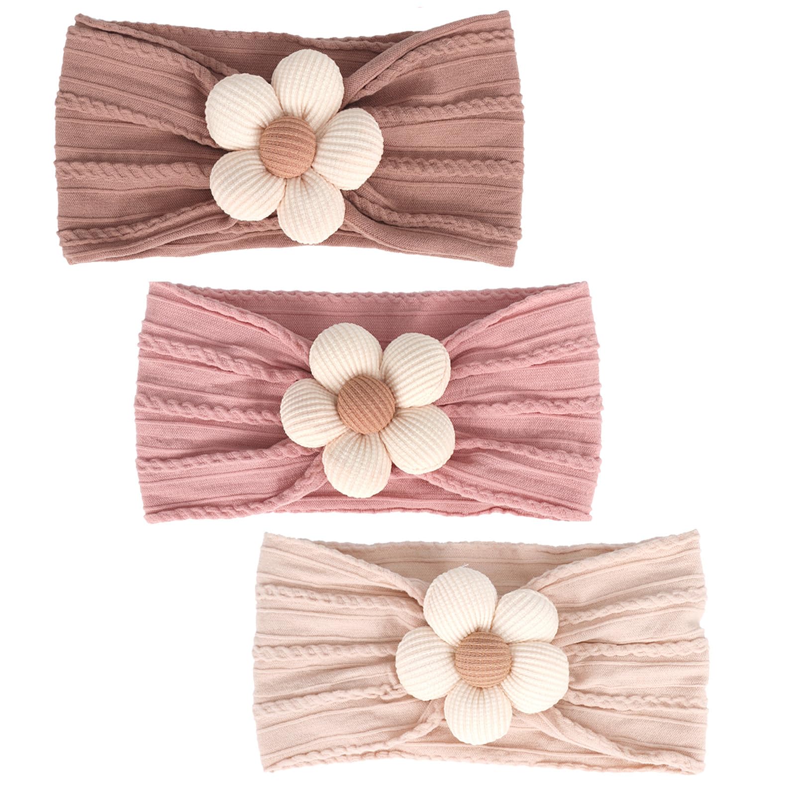 SNOWIE SOFT 3-piece pink flower baby headbands for girls on white background