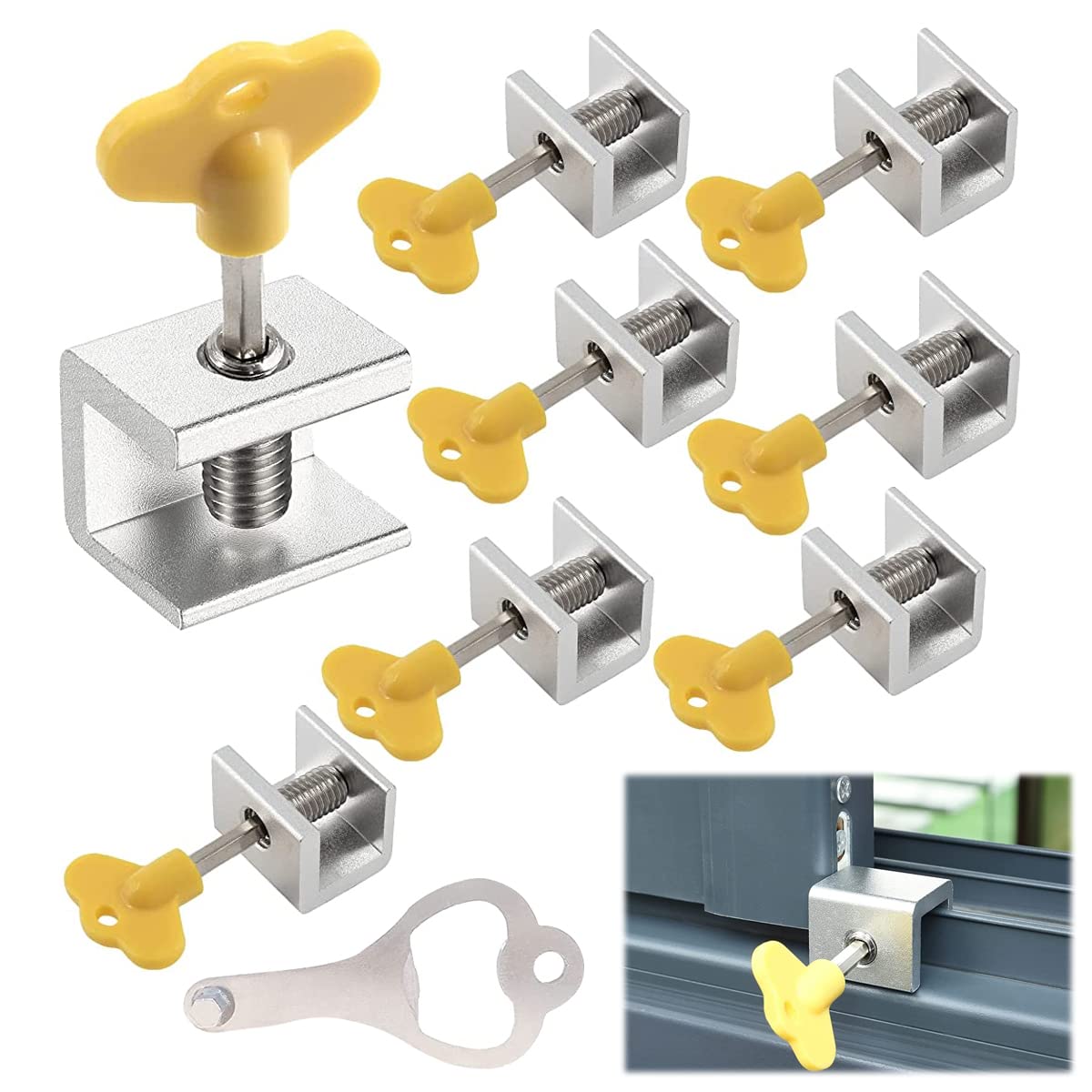 Set of 8 aluminum sliding window locks with yellow keys for baby safety
