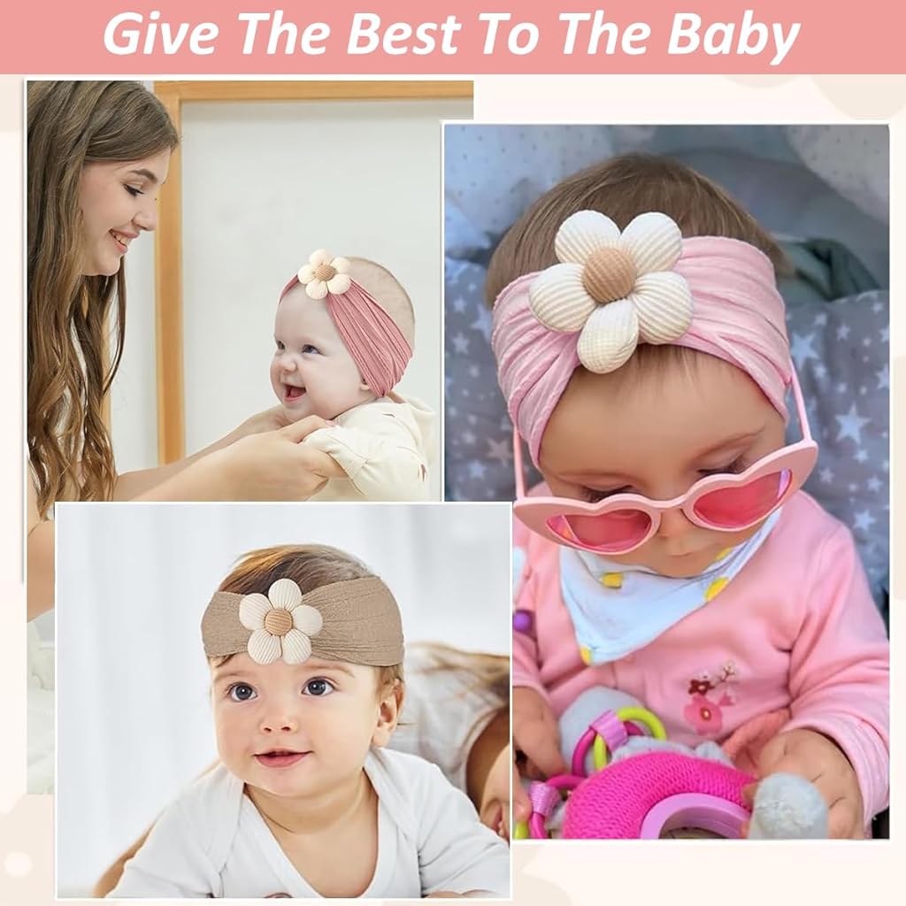 Three baby girl flower headbands in pink and beige with soft textured fabric
