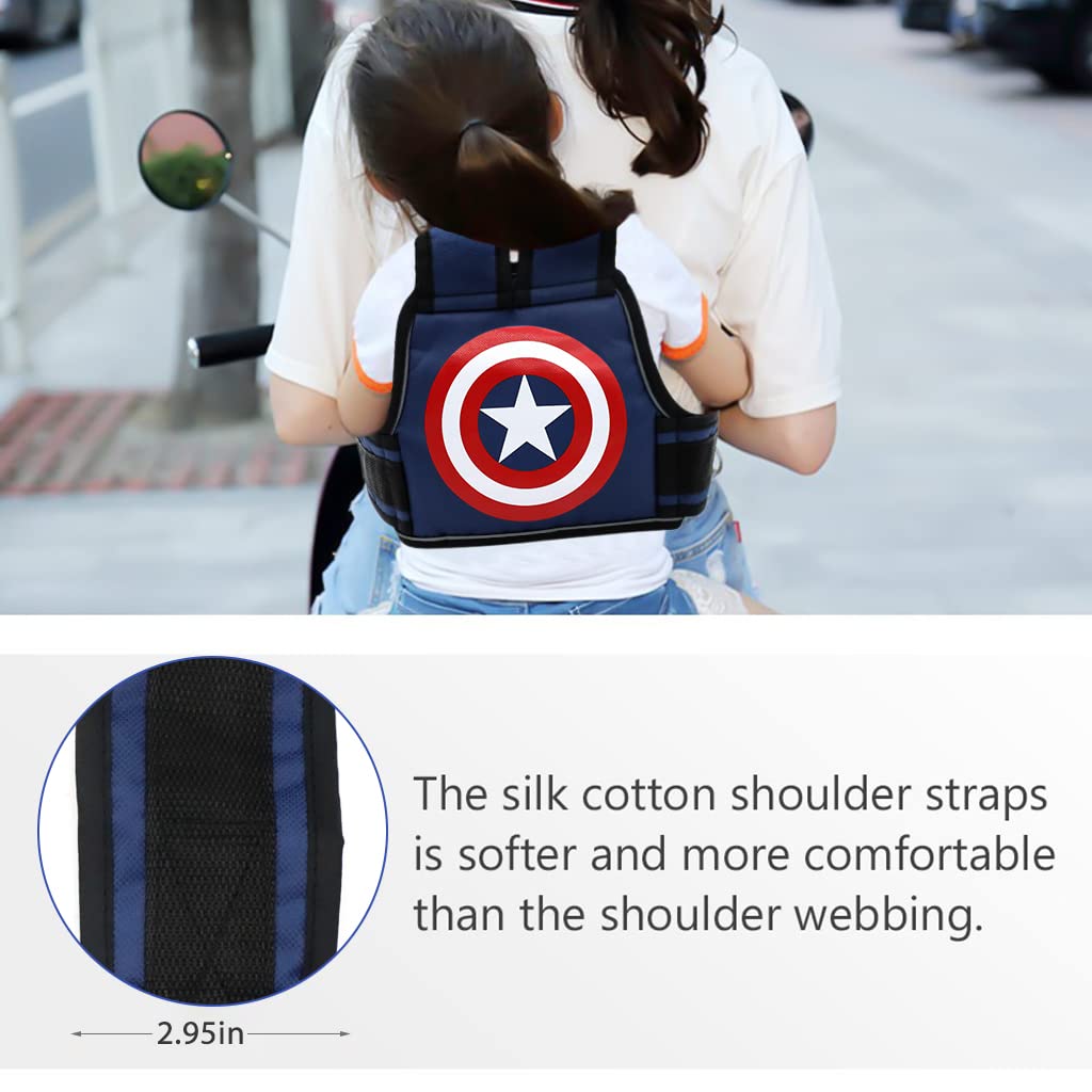 
Child wearing two wheeler safety harness with padded shoulder straps
