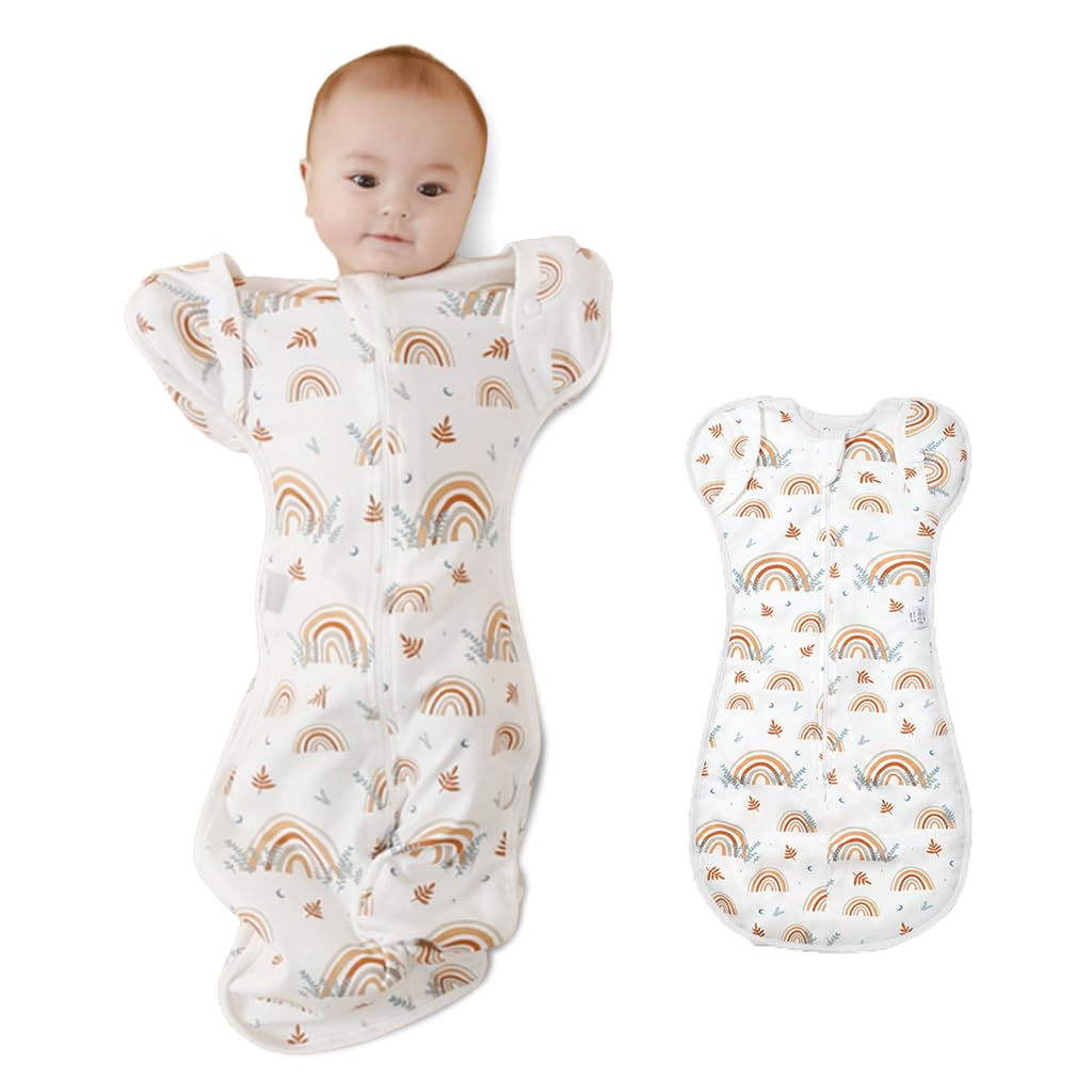 Baby wearing cotton rainbow swaddle sleep sack with 2-way zipper

