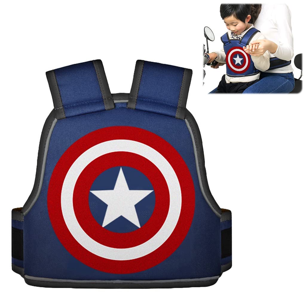 Kids two wheeler safety belt with blue star shield design and reflective strips
