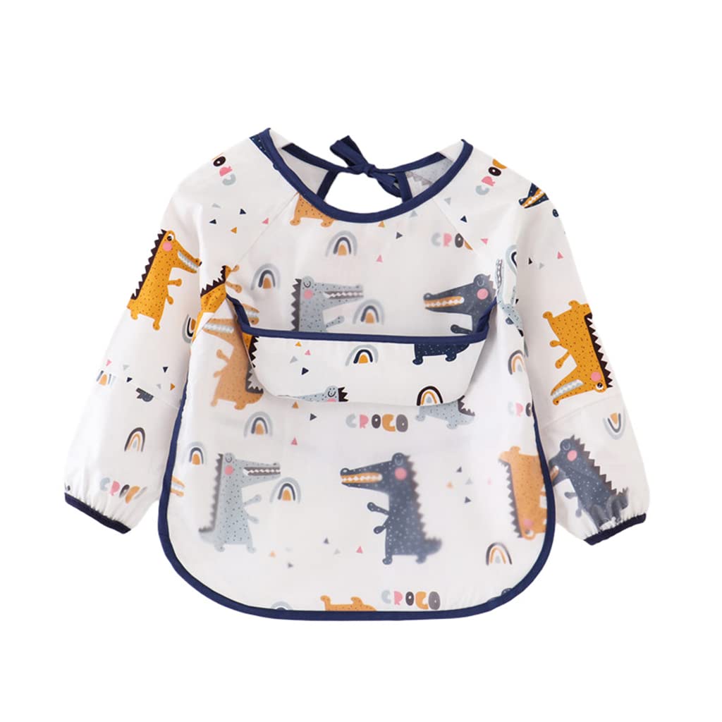White long sleeve baby bib with animal print, navy trim and front pocket
