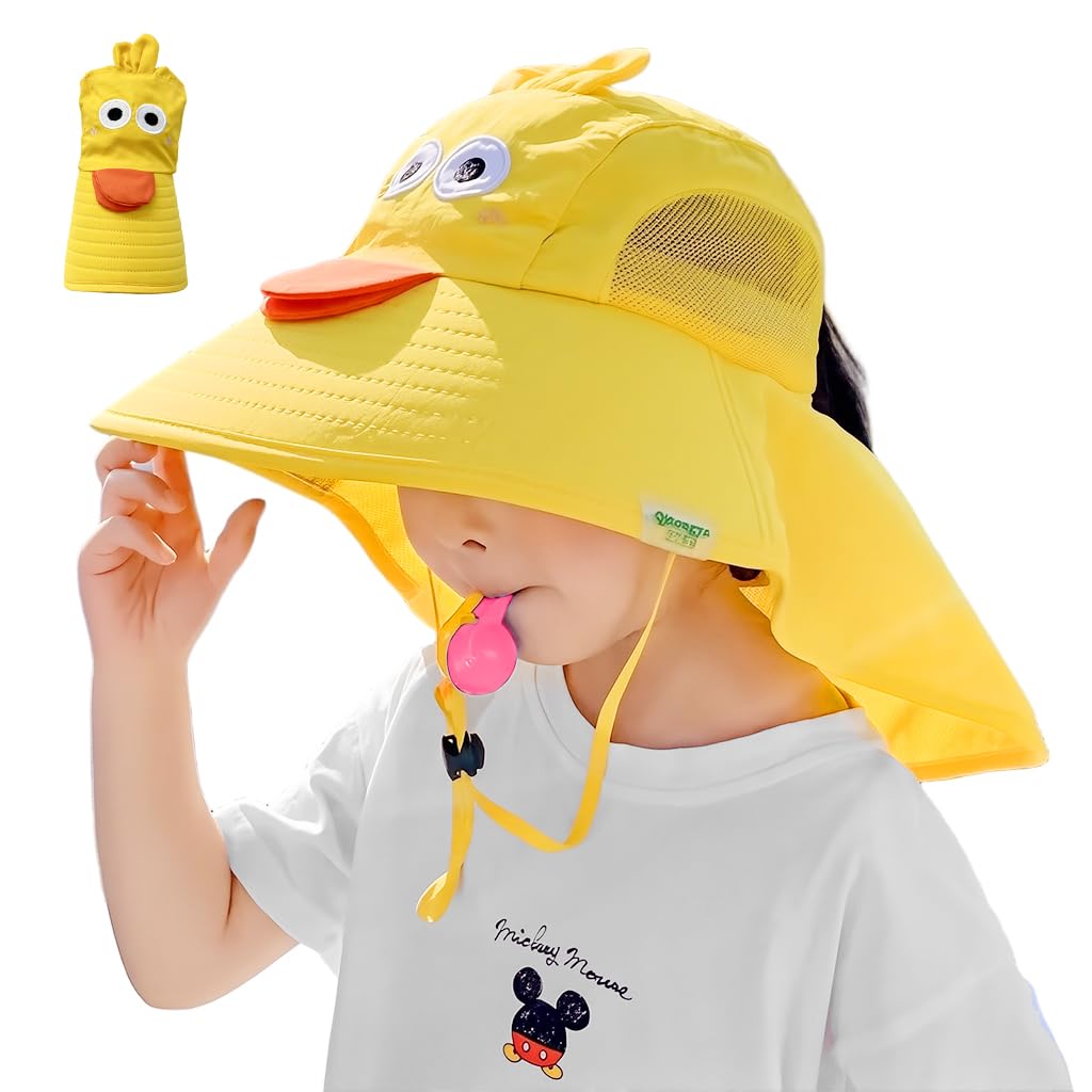 Girl wearing yellow duck UPF 50 sun hat with wide brim and neck flap
